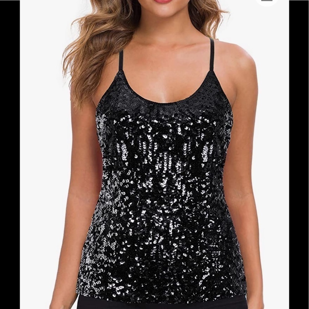 MANER Women’s Sequin Tops Glitter Party Strappy Tank Top Sparkle Cami NWT small